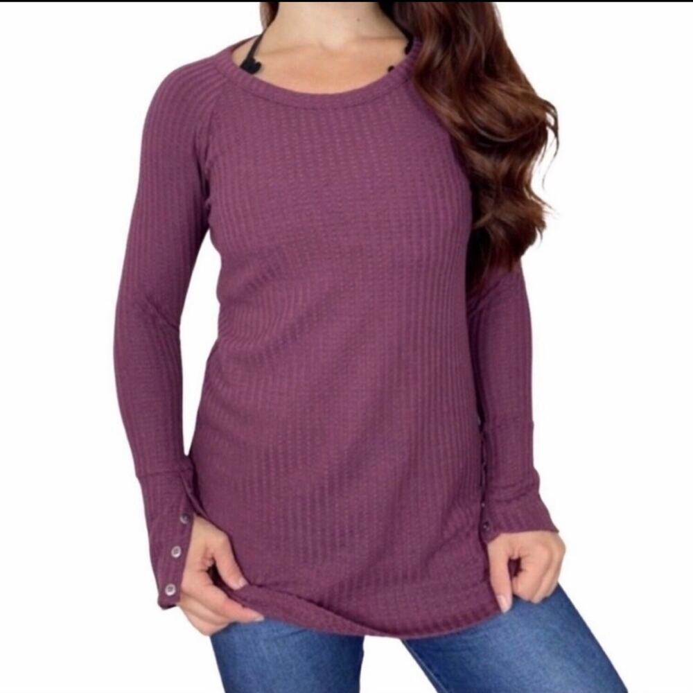 Chaser Waffle Knit Button Cuff Thermal Top in Mulberry Purple Size S